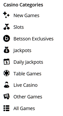 Betsson Game Categories